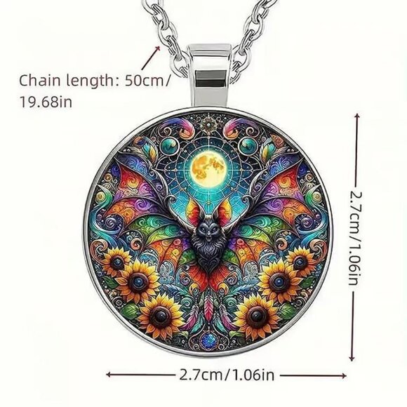 Silver BAT Halloween Glass Cabochon Pendant Necklace - Picture 2 of 3